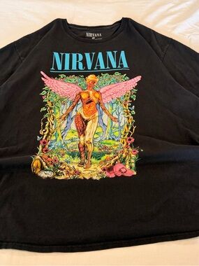 NIRVANA the utero Black Tee with Pink-Winged Angel and Multicolor Graphic